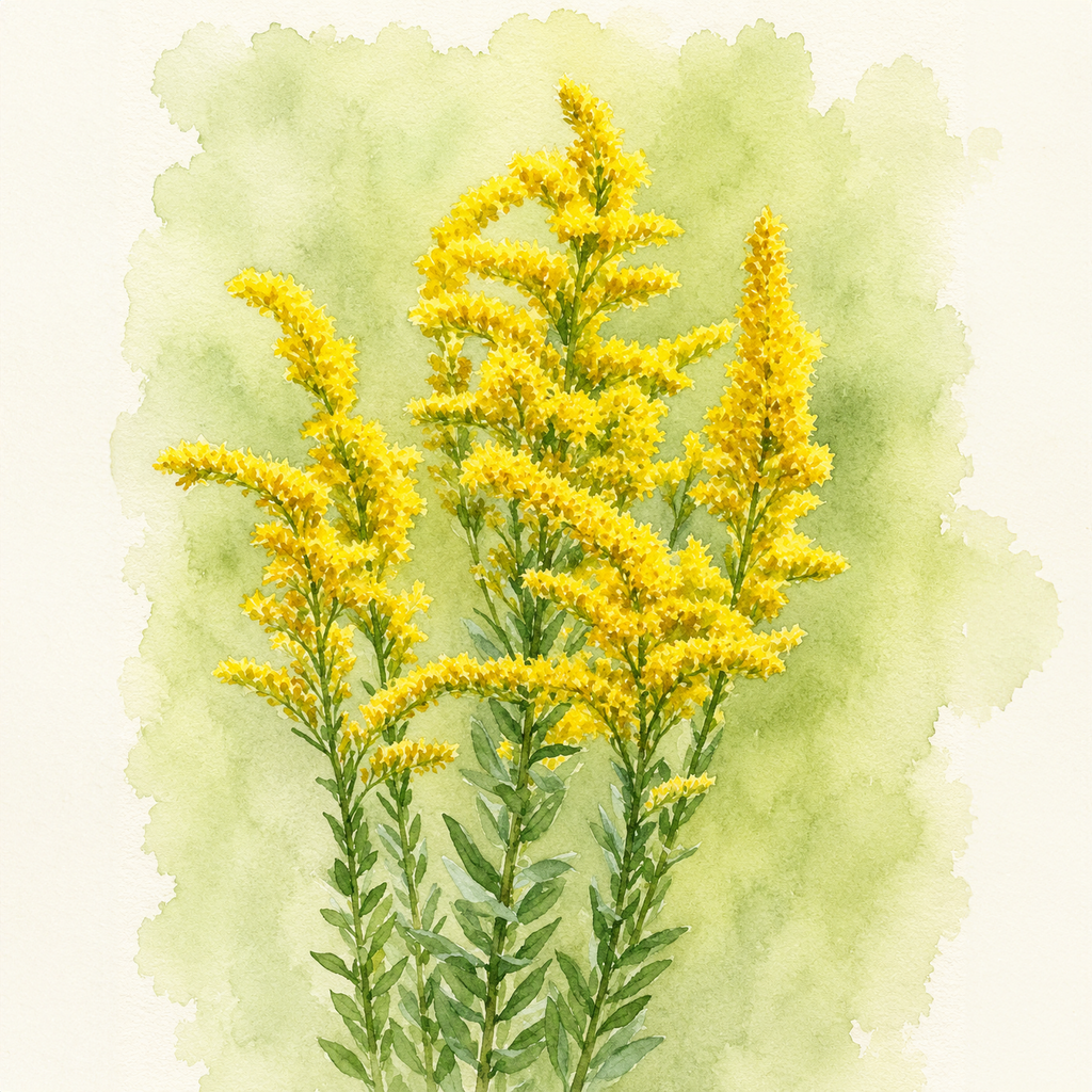 Watercolor painting of golden yellow flowers on green stems, set against a soft green watercolor background with a white border.