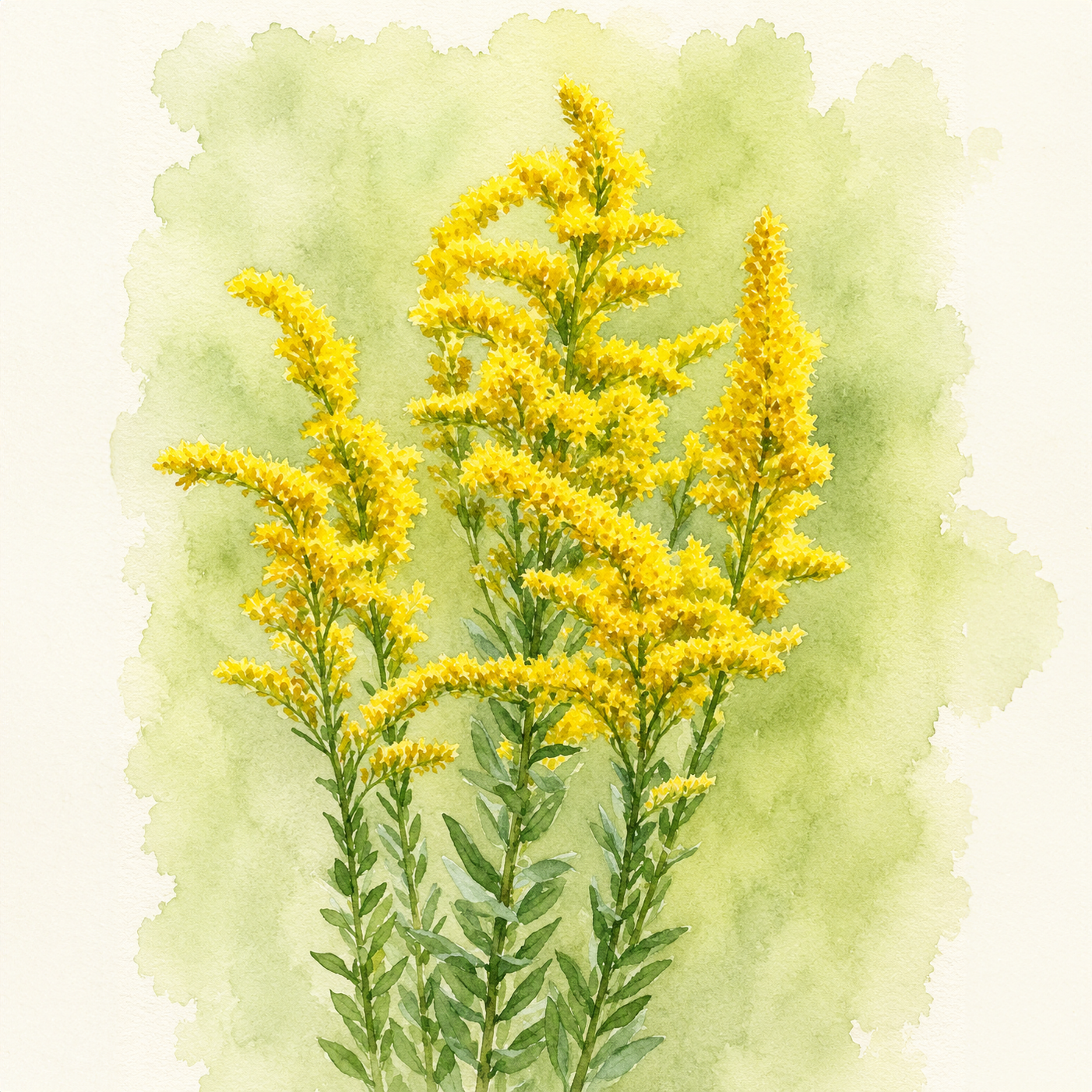 Watercolor painting of golden yellow flowers on green stems, set against a soft green watercolor background with a white border.